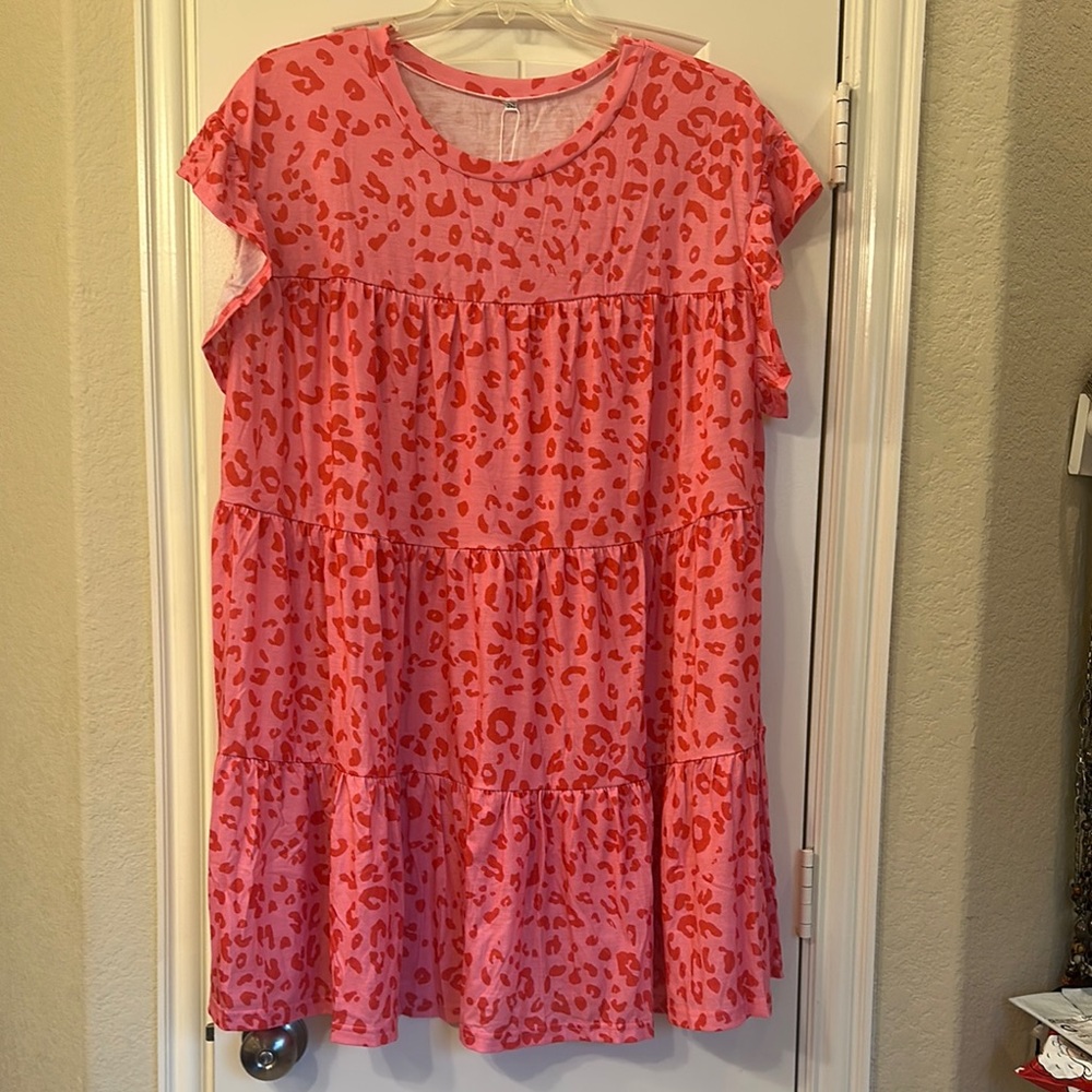 Pink Leopard Print Tiered Midi Dress